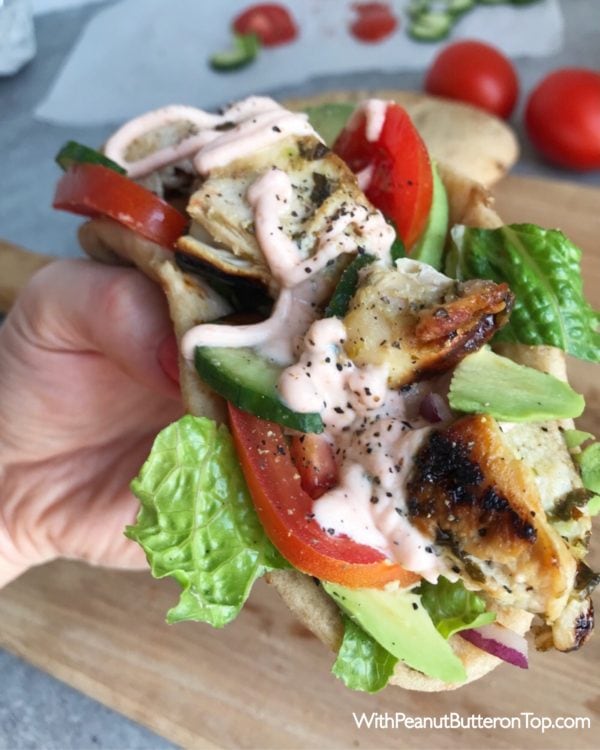 Cilantro Lime Grilled Chicken Naan Wraps with Sriracha Yogurt Sauce