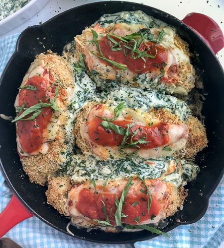 Spinach And Cream Cheese Stuffed Chicken Parmesan With Peanut Butter On Top