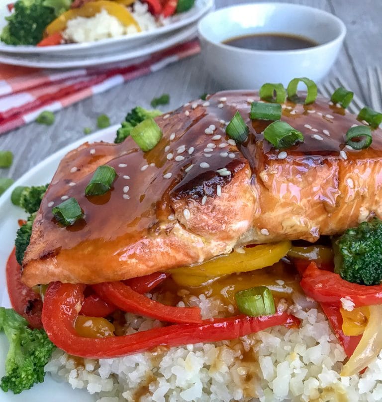 Honey Teriyaki Salmon with Cauliflower Rice With Peanut Butter on Top