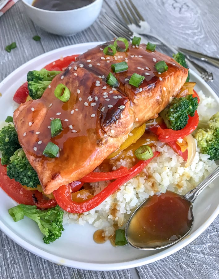 Honey Teriyaki Salmon With Cauliflower Rice With Peanut Butter On Top