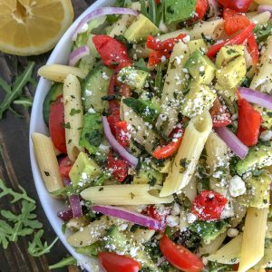 Lemon Garlic and Feta Pasta Salad - an easy, refreshing and healthy pasta salad packed full of flavor. #pastasalad #lemon #healthy #salad | https://withpeanutbutterontop.com