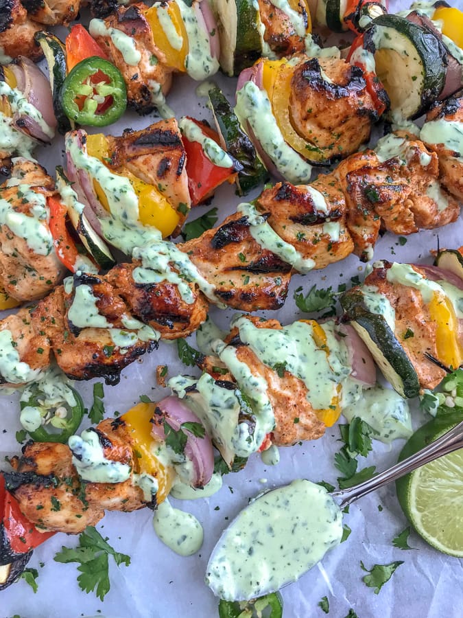 Yogurt Marinated Fajita Lime Chicken Kebabs With Peanut Butter on Top