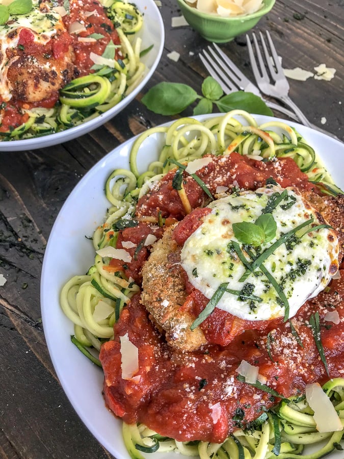 Crispy Baked Chicken Parmesan Zoodle Bowls With Peanut Butter on Top