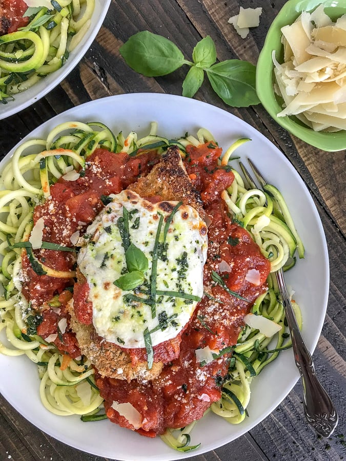 Crispy Baked Chicken Parmesan Zoodle Bowls With Peanut Butter on Top