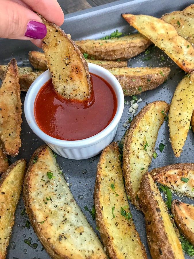 Crispy Baked Garlic Parmesan Potato Wedges With Peanut Butter on Top