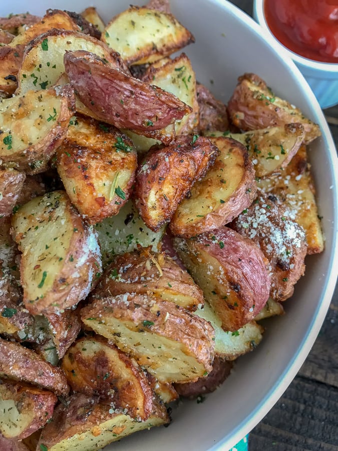 Super Crispy Garlic Parmesan Potato Bites With Peanut Butter On Top