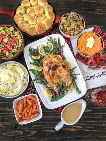 Friendsgiving Day Spread - a compilation of lightened up holiday dishes perfect for your next Friendsgiving get together, for a small family, or if you're simply looking to keep your holiday indulgences on the lighter side this holiday season! Rolls, Instant Pot Turkey, Mashed Cauliflower, Mashed Sweet Potatoes, Maple Roasted Carrots, and Traditional Herb Stuffing! #Thanksgiving #Friendsgiving #holidayrecipes #thanksgivingrecipes | https://withpeanutbutterontop.com