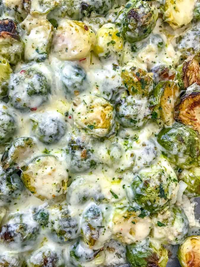 Cheesy Pepper Jack Roasted Brussels Sprouts with freshly grated pepper jack cheese make for the best side dish! They are very easy to make and come together on on sheet pan! Tender, crisp brussels sprouts are roasted with garlic, pepper jack cheese, and onions. #sheetpan #sheetpanrecipes #brusselssprouts #cheesybrusselssprouts | https://withpeanutbutterontop.com