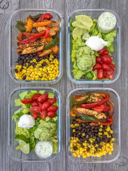Chicken Fajita Salad Meal Prep - step up your meal prep game with this super easy fajita recipe! Chicken breast strips, bell peppers and onions - all tossed in olive oil and a delicious fajita seasoning. Serve cold or warm over a salad with greek yogurt, tomatoes, an avocado mash, and my Creamy Cilantro Lime Sauce! #mealprep #chickenfajitas #sheetpanrecipes #sheetpan #easyrecipes #healthyrecipes | https://withpeanutbutterontop.com