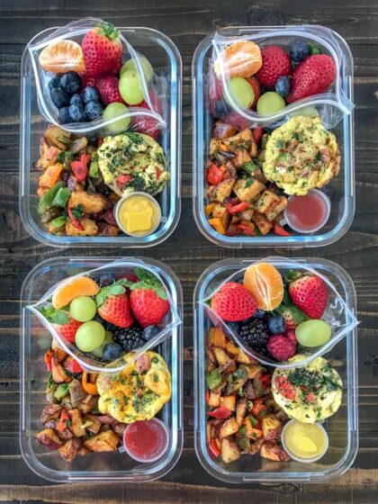 Egg Muffin Breakfast Meal Prep - stay in bed and catch your Zzzz's and have a healthy and filling breakfast ready to go all week with this meal prep option! Egg Muffins - done three ways, Sheet Pan Breakfast Potatoes, and a delicious side of fruit for that early morning sweet tooth! #mealprep #breakfastmealprep #breakfast #eggmuffins | https://withpeanutbutterontop.com