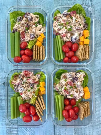 Healthy Garden Chicken Salad Meal Prep - super simple and super flavorful chicken salad lightened up! Full of vegetables, grapes, pecans, and flavor. Perfect for meal prepping and a quick lunch or snack option. #chickensalad #healthychickensalad #mealprep #lunch #salad | https://withpeanutbutterontop.com