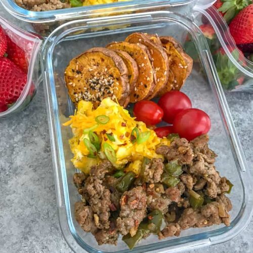 Sweet Potato Breakfast Meal Prep With Peanut Butter on Top