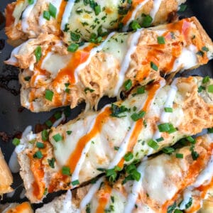 Want an appetizer for your next party or game day that will be a guaranteed crowd-pleaser? Have them begging you to make this creamy, cheesy, and incredibly indulging Buffalo Chicken Garlic Bread! #garlicbread #easyappetizers #appetizers #gameday #buffalochicken | https://withpeanutbutterontop.com