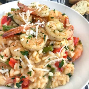 This Garlic Butter Shrimp with Asiago Risotto recipe is the perfect date night meal! Comes together in one pot, is bursting full of flavor and is so easy to make. I guarantee your taste buds will be floored! #risotto #garlicbuttershrimp #asiagorisotto | https://withpeanutbutterontop.com