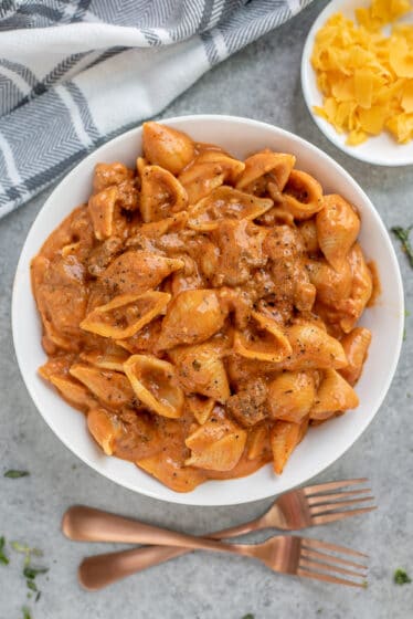 Bowl filled with creamy pasta with beef.