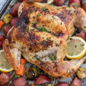 Lemon Garlic Butter Butterfly Chicken and Veggies. Sheet pan of a butterflied chicken breast with mixed vegetables.