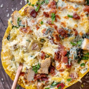 Spaghetti squash stuffed with chicken, cheese, and alfredo sauce.