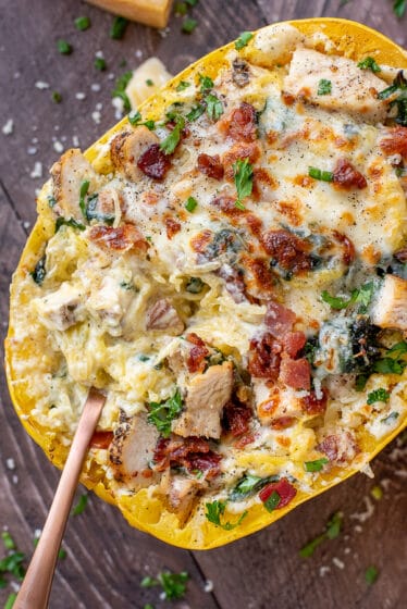 Spaghetti squash stuffed with chicken, cheese, and alfredo sauce.