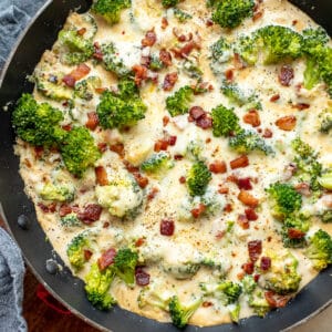 Pan filled with bacon, broccoli and creamy pepper jack sauce.