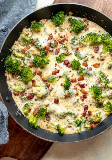 Pan filled with bacon, broccoli and creamy pepper jack sauce.