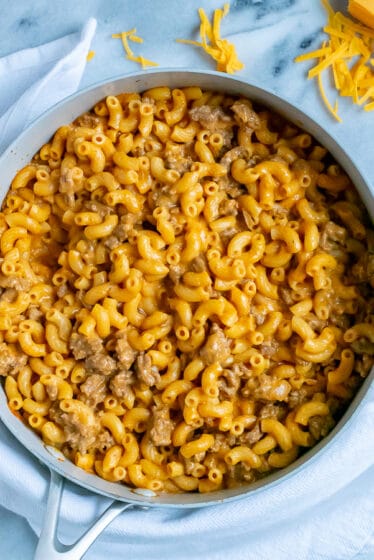 Pan filled with homemade hamburger helper recipe.