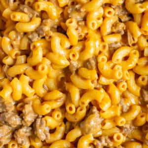 Close up photo of Homemade Hamburger Helper - macaroni and ground beef in a creamy cheddar cheese sauce.