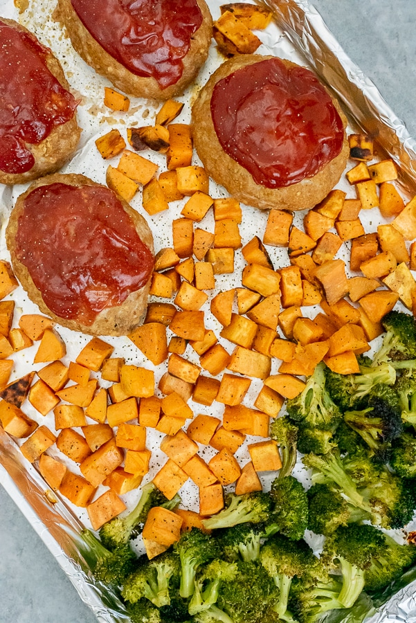 Mini Turkey Meatloaf Sheet Pan Dinner With Peanut Butter on Top
