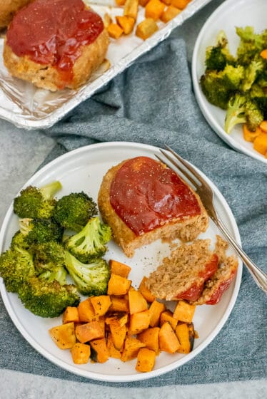Dinner plate filled with turkey meatloaf, sweet potato chunks and broccoli.