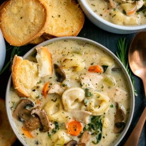 Bowls filled with creamy soup with mushrooms, tortellini and chicken. Served with toasted bread.