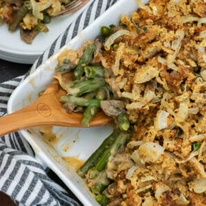 Baking dish filled with green bean casserole.