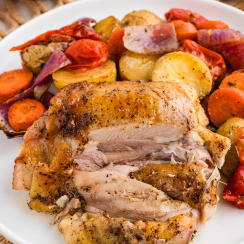Photo of a white plate filled with roasted vegetables and crispy chicken thigh sliced open